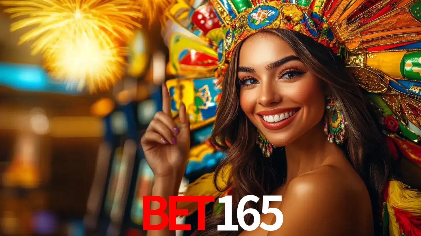 Mulher sorridente com um cocar de carnaval vibrante e colorido, celebrando uma grande vitória nos jogos do cassino bet165 com fogos de artifício ao fundo.