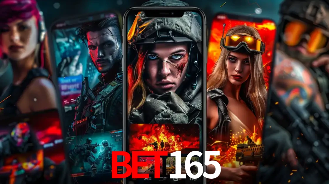 Montagem de telas de celular mostrando diversos personagens, masculinos e femininos, de um jogo de tiro, ilustrando a diversidade de equipes de e-sports para apostar no bet165.