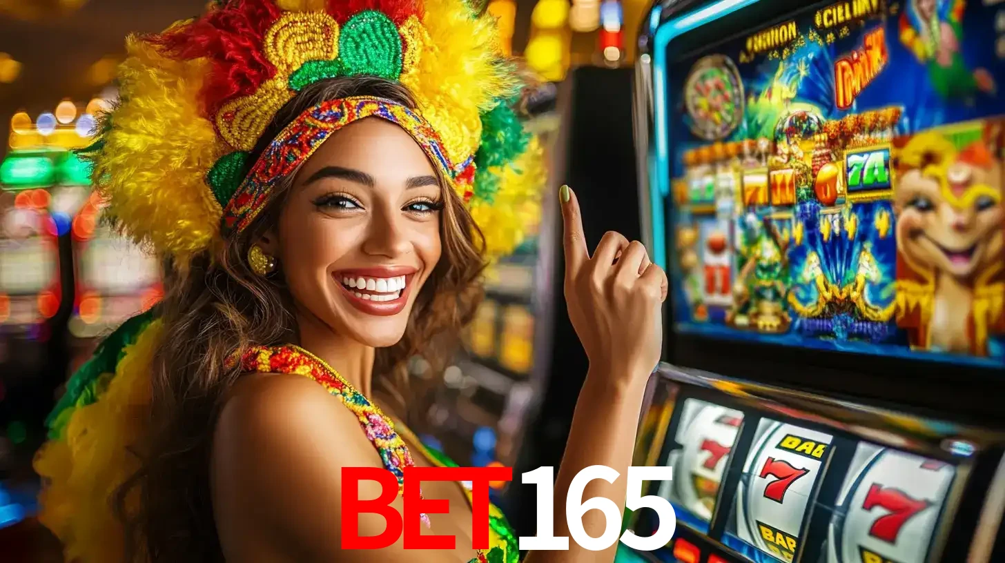 Mulher animada com um cocar de carnaval apontando para uma máquina de caça-níqueis, mostrando a emoção de ganhar um grande prêmio nos jogos do bet165.