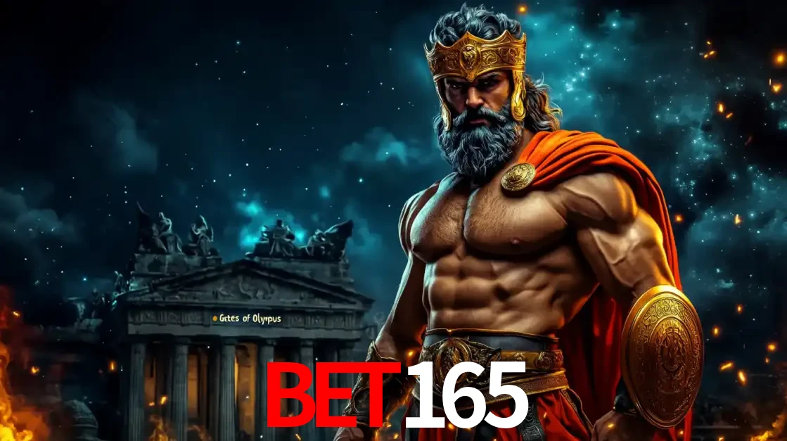 O poderoso Zeus do jogo de slot Gates of Olympus em frente ao seu templo, pronto para lançar multiplicadores divinos e prêmios épicos no cassino online bet165.