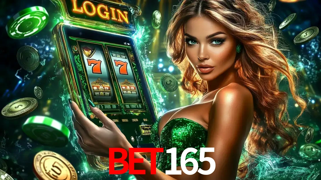 Mulher com tema verde apresentando o aplicativo do cassino bet165 com um jogo de slot de 777, cercada por fichas de cassino e uma aura de sorte.