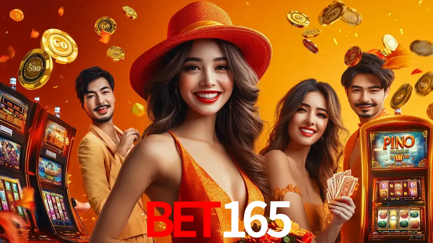 Grupo de amigos asiáticos sorrindo e se divertindo com máquinas de caça-níqueis em um ambiente festivo, celebrando suas vitórias nos jogos de cassino do bet165.