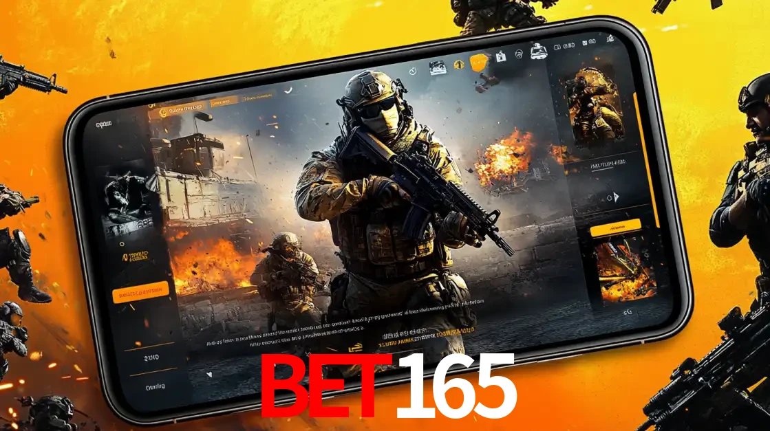 Um smartphone exibindo a interface de um jogo de tiro em primeira pessoa, com um soldado em um cenário de batalha, representando a ação dos e-sports para apostar no bet165.