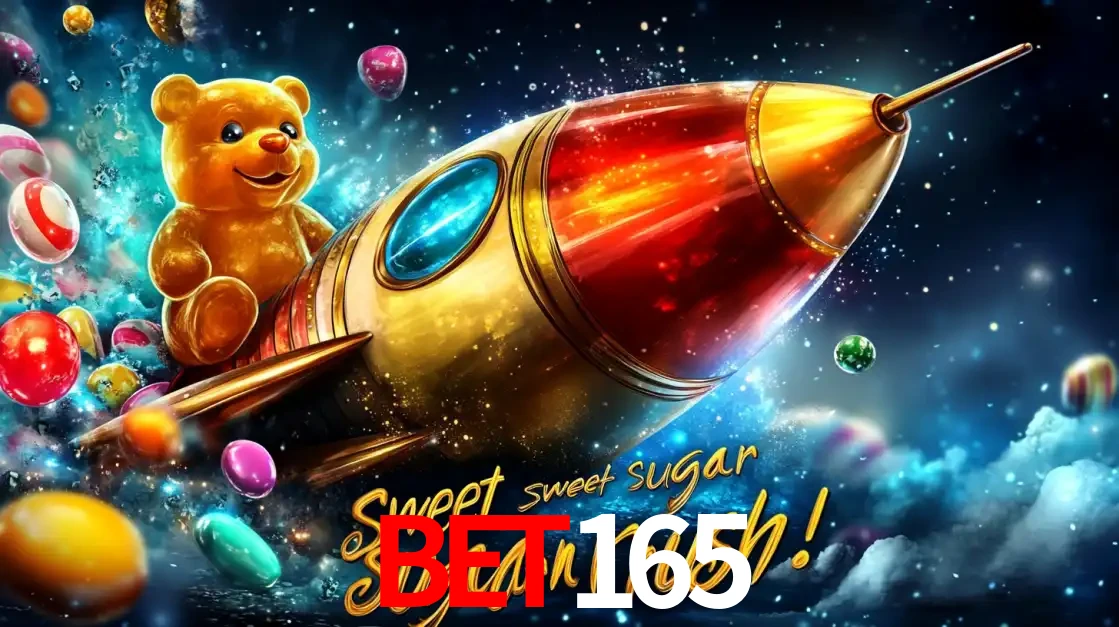 Arte promocional do jogo de slot Sugar Rush, com um urso de pelúcia em um foguete viajando pelo espaço de doces, um dos jogos divertidos disponíveis no cassino bet165.