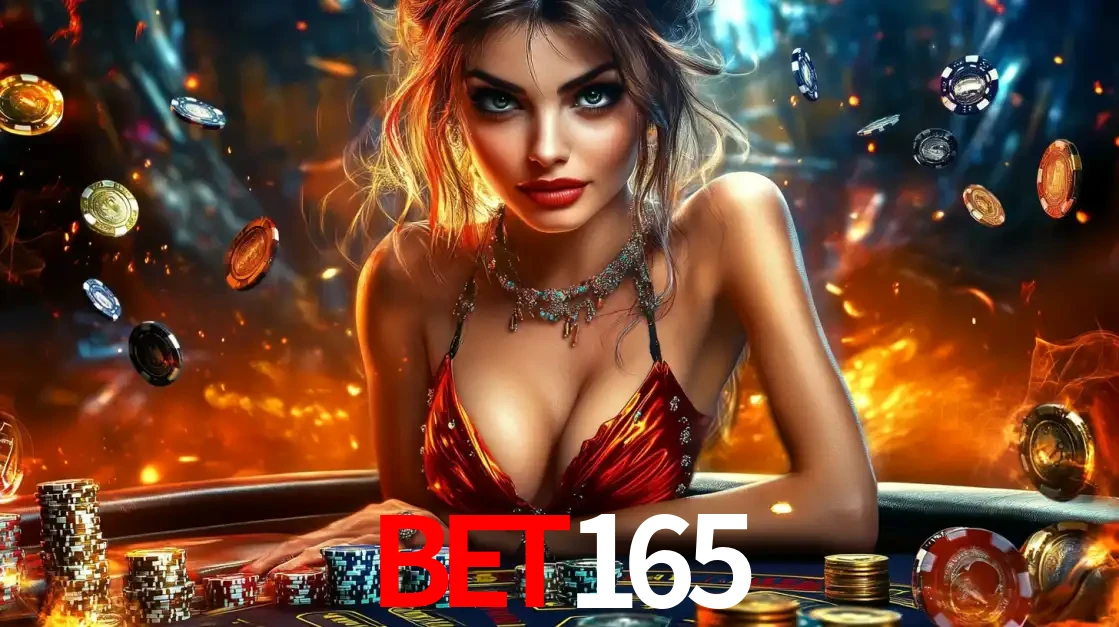 Mulher em uma mesa de cassino com pilhas de fichas e um fundo de fogo, pronta para uma rodada de altas apostas nos jogos de mesa emocionantes do cassino bet165.