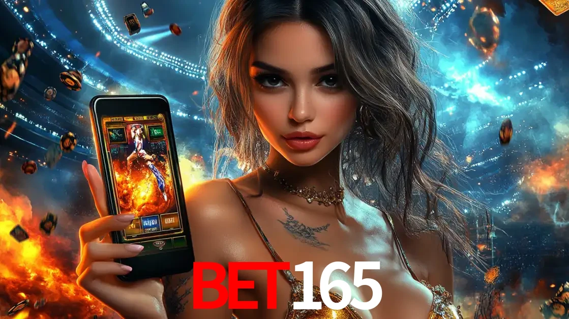Mulher segurando um celular com um jogo de slot em destaque, tendo como fundo um estádio vibrante, simbolizando a emoção de jogar no cassino móvel bet165.