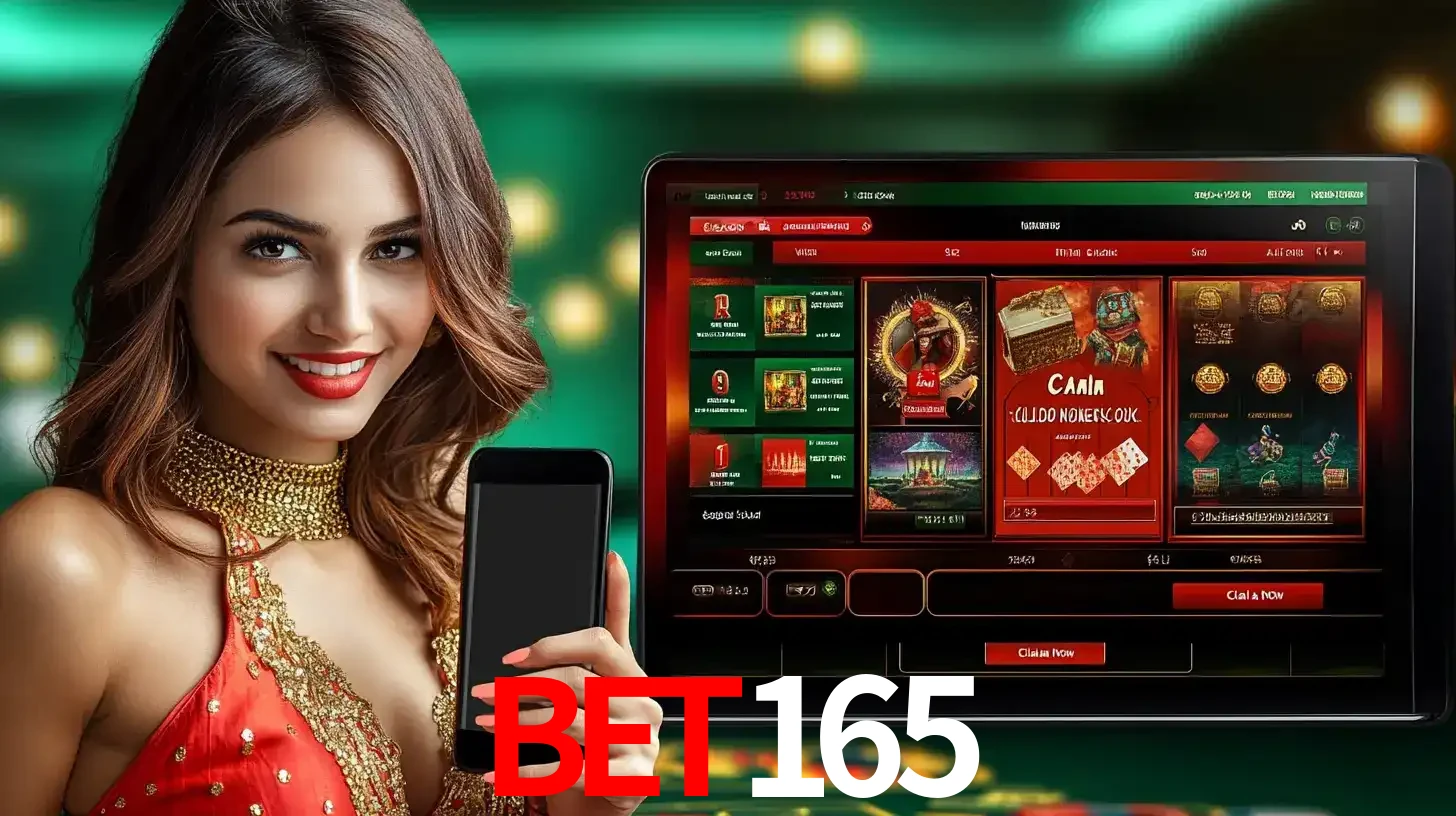 Mulher sorridente segurando um smartphone, ao lado de uma tela exibindo o lobby de jogos do cassino online bet165, com várias opções de jogos de cartas e slots.